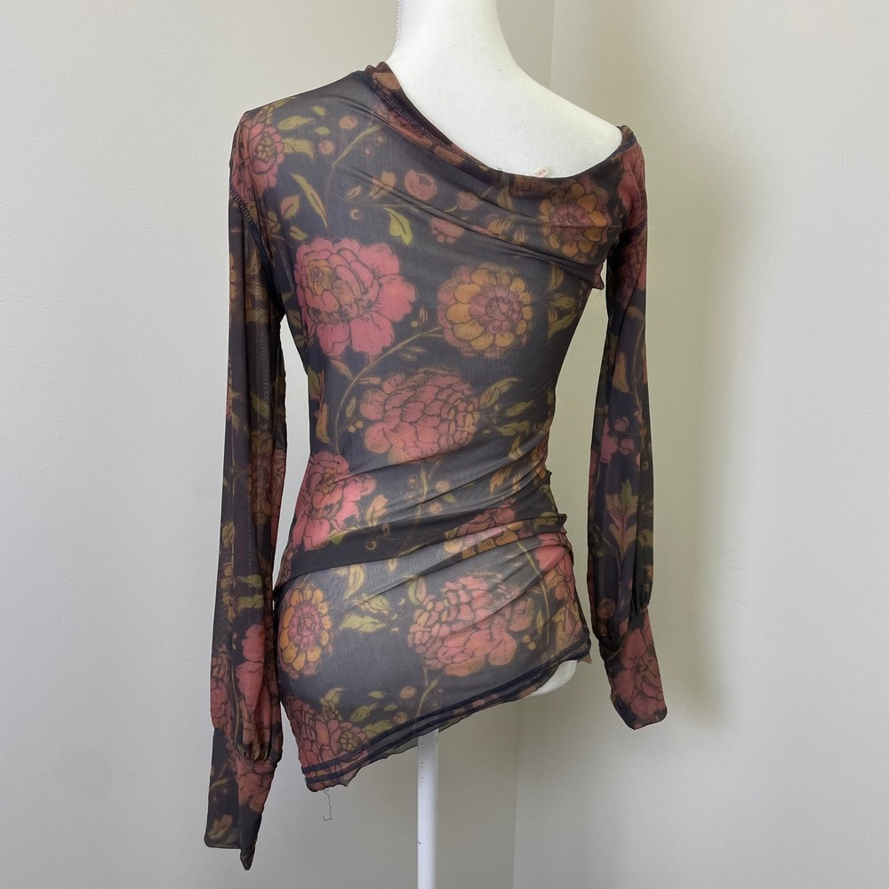 Free People Floral Mesh Ruched Off Shoulder Long Sleeve Tunic Top Medium - Picture 6 of 16